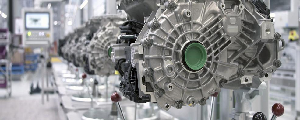 Close-up of an electric car motor on an assembly line